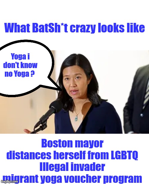 What BatSh*t crazy looks like; Yoga i don't know no Yoga ? Boston mayor distances herself from LGBTQ Illegal invader migrant yoga voucher program | made w/ Imgflip meme maker