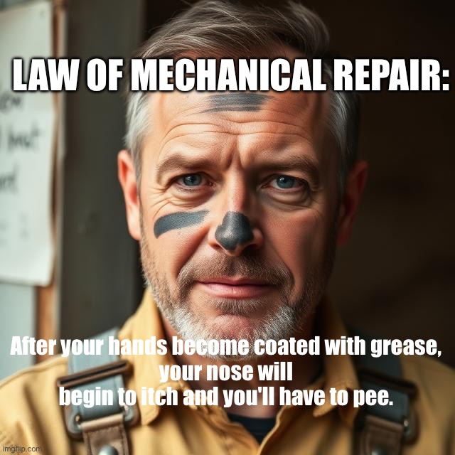 Itchy Nose | Law of Mechanical Repair:; After your hands become coated with grease,
your nose will begin to itch and you'll have to pee. | image tagged in grease,mechanic | made w/ Imgflip meme maker
