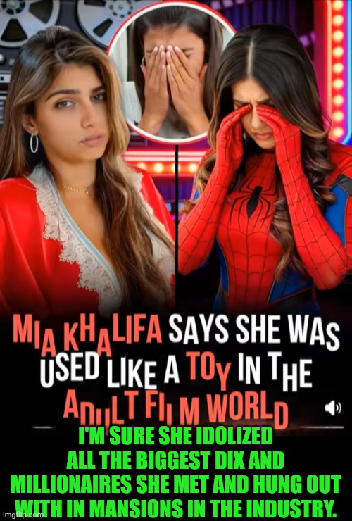 Funny | I'm sure she idolized all the biggest dix and millionaires she met and hung out with in mansions in the industry. | image tagged in funny,porn,victim,mia khalifa,money money,hoes | made w/ Imgflip meme maker