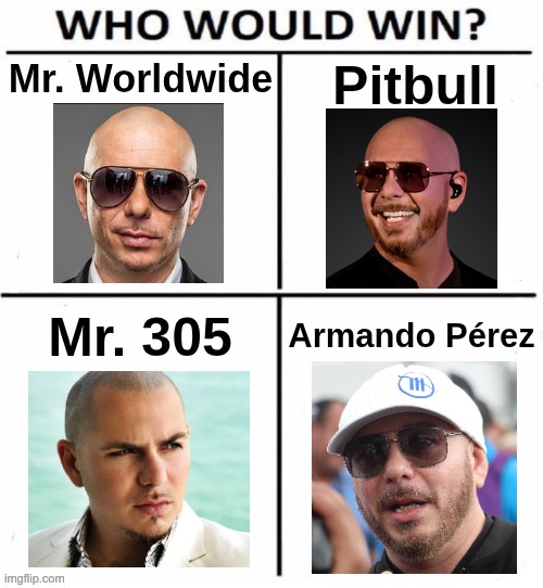 Pitbull's Many Names | Pitbull; Mr. Worldwide; Mr. 305; Armando Pérez | image tagged in who would win with 4,pitbull,mr worldwide | made w/ Imgflip meme maker
