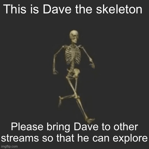 This is Dave the skeleton; Please bring Dave to other streams so that he can explore | made w/ Imgflip meme maker