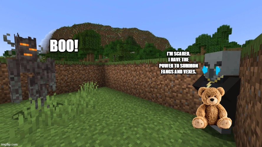 Evoker Running Away From Creaking | i'm scared. i have the power to summon fangs and vexes. boo! | image tagged in evoker running away from creaking | made w/ Imgflip meme maker