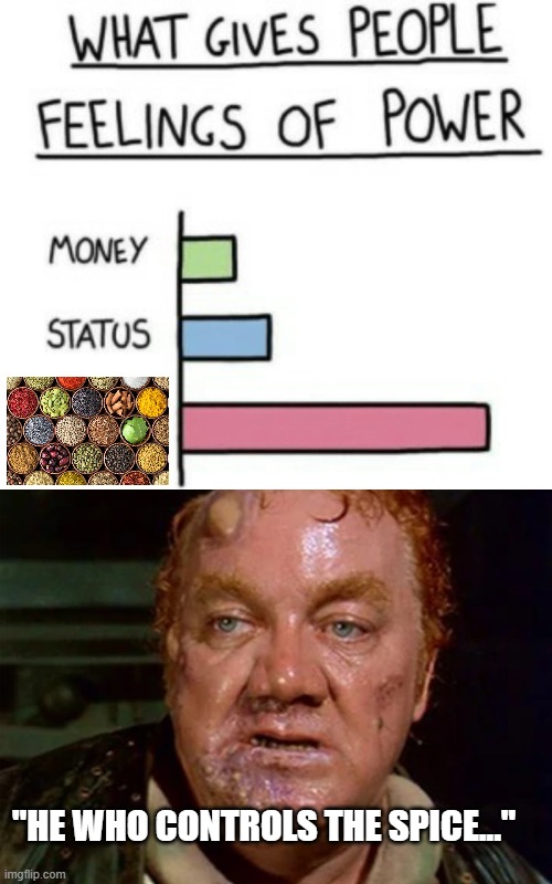 Spice Power | "He who controls the spice..." | image tagged in what gives people feelings of power,baron harkonnen | made w/ Imgflip meme maker