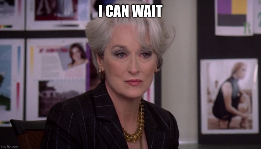 Miranda Priestly groundbreaking | I can wait | image tagged in miranda priestly groundbreaking | made w/ Imgflip meme maker