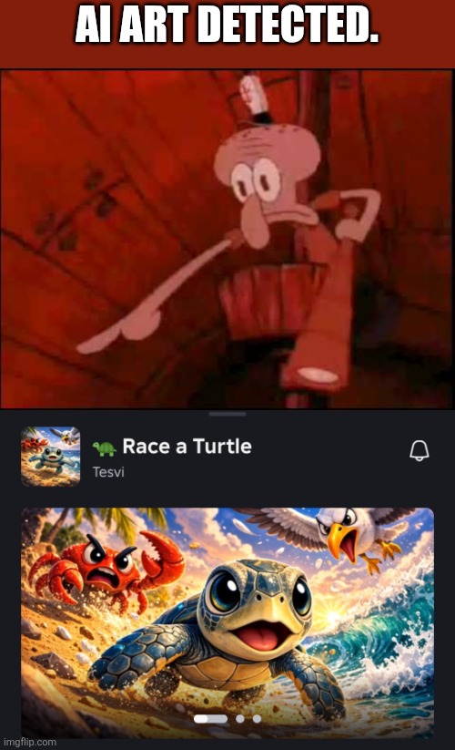 More AI Art on Roblox lol. | AI Art detected. | image tagged in squidward pointing,ai art,roblox | made w/ Imgflip meme maker