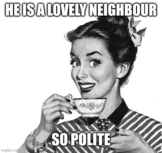 Retro woman teacup | He is a lovely neighbour So polite | image tagged in retro woman teacup | made w/ Imgflip meme maker
