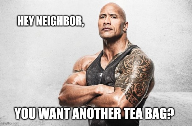 La Roca: Ayer Vino | Hey neighbor, You want another tea bag? | image tagged in la roca ayer vino | made w/ Imgflip meme maker