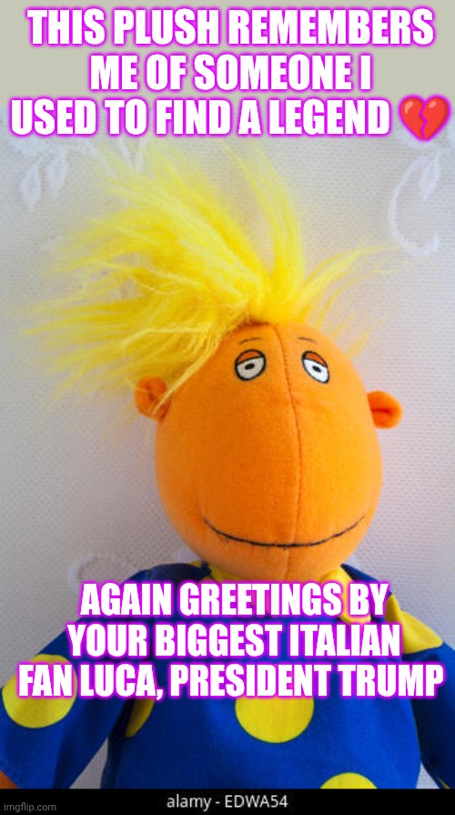 Deep down i still support you... | This plush remembers me of someone I used to find a legend 💔; Again greetings by your biggest Italian fan Luca, president Trump | image tagged in is that a donald trump plush,remix | made w/ Imgflip meme maker