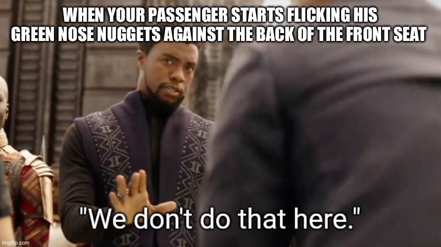 Be an Uber driver they said. It will be fun they said. | When your passenger starts flicking his green nose nuggets against the back of the front seat | image tagged in we don't do that here | made w/ Imgflip meme maker