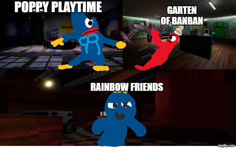who agrees with this that rainbow friends is dead | poppy playtime; garten of banban; rainbow friends | image tagged in tom and jerry sword fight horror games,rainbow friends,poppy playtime,garten of banban | made w/ Imgflip meme maker