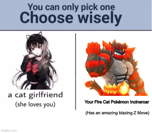 Choose one (Cat girl or Incineroar) | Your Fire Cat Pokémon Incineroar; (Has an amazing blazing Z Move) | image tagged in choose wisely,incineroar,pokemon,pokemon sun and moon | made w/ Imgflip meme maker