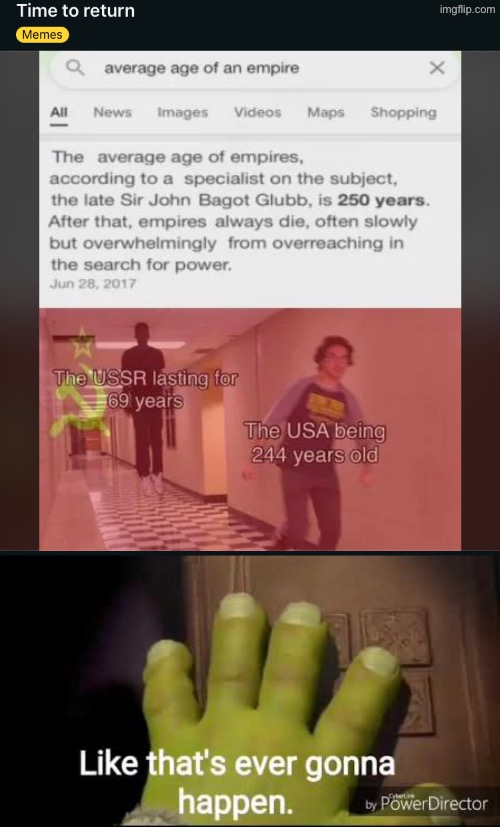 The United Soviet Socialist republics is not coming back and USA is 249 soon 250, not 244 years old | image tagged in like that's ever gonna happen | made w/ Imgflip meme maker