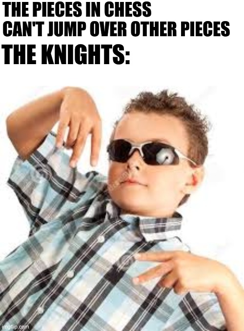 The Knights are built different | The pieces in chess can't jump over other pieces; The Knights: | image tagged in cool kid sunglasses,chess | made w/ Imgflip meme maker
