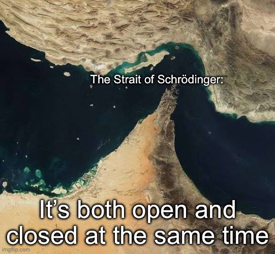Schrödinger | The Strait of Schrödinger:; It’s both open and closed at the same time | image tagged in strait of hormuz,straits,open,closed,geography,eyeroll | made w/ Imgflip meme maker