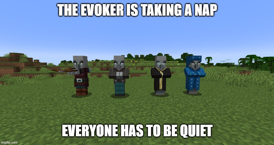 Illagers | the evoker is taking a nap; everyone has to be quiet | image tagged in illagers | made w/ Imgflip meme maker