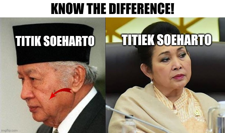 Know the difference! Titik Soeharto; Titiek Soeharto | image tagged in memes,crappy,puns | made w/ Imgflip meme maker