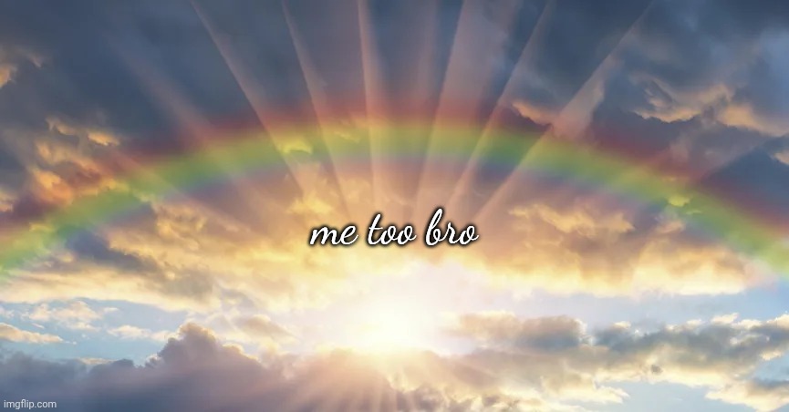 Sunshine and Rainbows | me too bro | image tagged in sunshine and rainbows | made w/ Imgflip meme maker