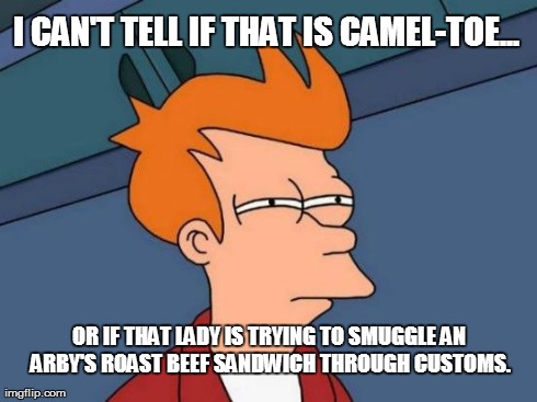 Futurama Fry Meme | I CAN'T TELL IF THAT IS CAMEL-TOE... OR IF THAT LADY IS TRYING TO SMUGGLE AN ARBY'S ROAST BEEF SANDWICH THROUGH CUSTOMS. | image tagged in memes,futurama fry | made w/ Imgflip meme maker