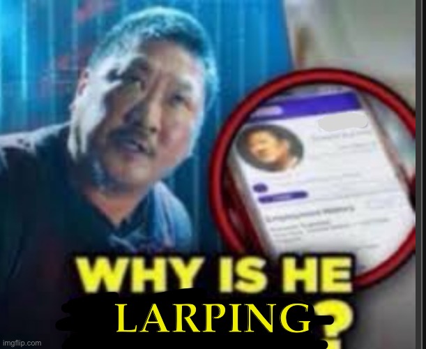 Why is he larping? | LARPING | image tagged in why is he | made w/ Imgflip meme maker