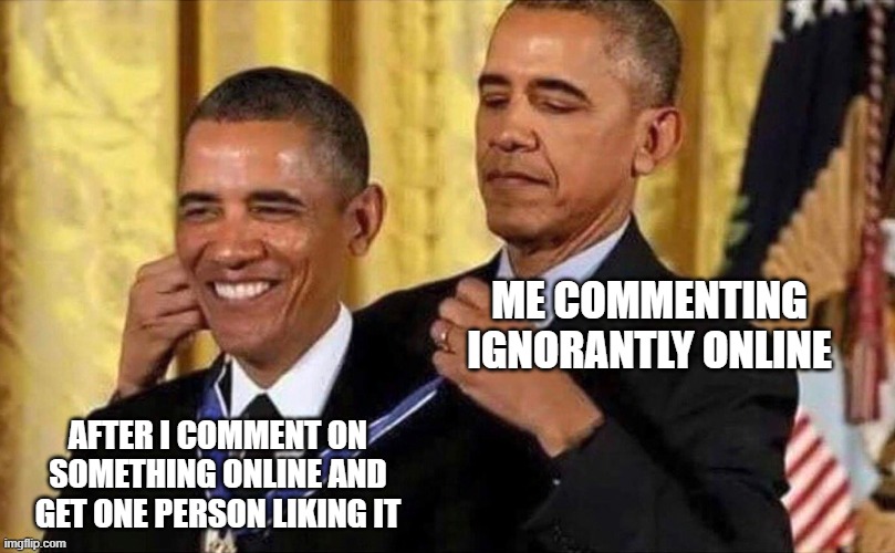 After I comment on something online and get one person liking it | Me commenting ignorantly online; After I comment on something online and get one person liking it | image tagged in obama medal,funny,online,ignorant,comment | made w/ Imgflip meme maker