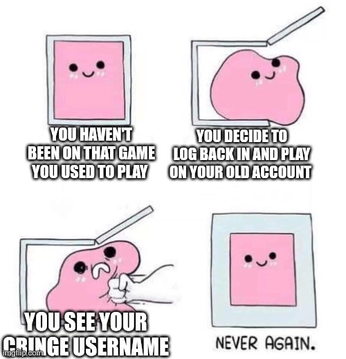This is why I stopped making usernames | You haven't been on that game you used to play; You decide to log back in and play on your old account; You see your cringe username | image tagged in never again | made w/ Imgflip meme maker