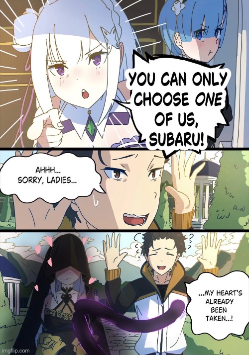 image tagged in re zero,subaru,emilia,rem,satella | made w/ Imgflip meme maker