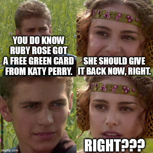 Ruby Rose should be deported and banned from the States 4 ever! | you do know ruby rose got a free green card from katy perry. she should give it back now, right. right??? | image tagged in anakin padme 4 panel,ruby rose,katy perry,green card,funny,memes | made w/ Imgflip meme maker