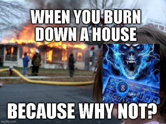 when you burn down a house | WHEN YOU BURN DOWN A HOUSE; BECAUSE WHY NOT? | image tagged in memes,disaster girl | made w/ Imgflip meme maker