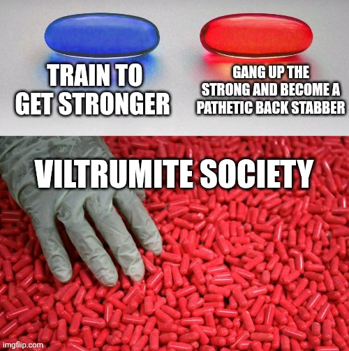 Blue or red pill | Train to get stronger; Gang up the strong and become a pathetic back stabber; Viltrumite society | image tagged in blue or red pill,invincible | made w/ Imgflip meme maker