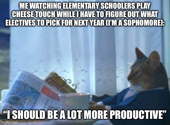 Honestly, I’d rather play with them, pretend to do Domain Expansion or Hollow Purple to avoid getting tagged! It seems fun! | Me watching elementary schoolers play cheese touch while I have to figure out what electives to pick for next year (I’m a sophomore):; “I should be a lot more productive” | image tagged in memes,i should buy a boat cat,funny,school,cats,oh wow are you actually reading these tags | made w/ Imgflip meme maker