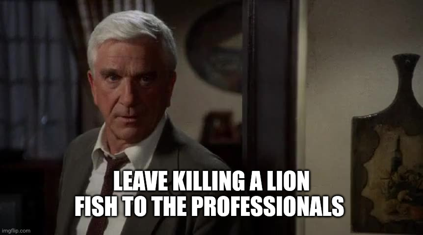 Frank Drebin Very hot and awfully wet | Leave killing a lion fish to the professionals | image tagged in frank drebin very hot and awfully wet | made w/ Imgflip meme maker