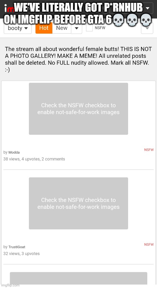 bruh | We've literally got p*rnhub on imgflip before gta 6💀💀💀 | image tagged in bruh,bruh moment,bruhh,certified bruh moment | made w/ Imgflip meme maker