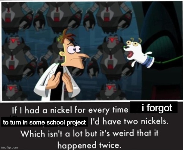 homework | i forgot; to turn in some school project | image tagged in nickel every time,phineas and ferb,homework | made w/ Imgflip meme maker