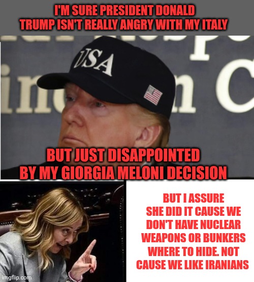 I assure you | I'm sure president Donald Trump isn't really angry with my Italy; But just disappointed by my Giorgia Meloni decision; But I assure she did it cause we don't have nuclear weapons or bunkers where to hide. Not cause we like Iranians | image tagged in donald trump usa hat,meloni | made w/ Imgflip meme maker