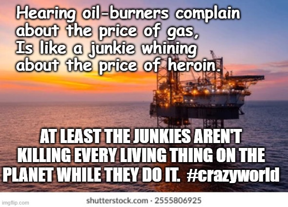 Oil Junkies | Hearing oil-burners complain 
about the price of gas,
Is like a junkie whining 
about the price of heroin. AT LEAST THE JUNKIES AREN'T KILLING EVERY LIVING THING ON THE PLANET WHILE THEY DO IT.  #crazyworld | image tagged in gas prices,oil junkies,stop killing everything | made w/ Imgflip meme maker