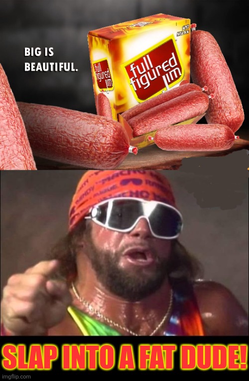 Mucho Man Randy Sausage | Slap into a fat dude! | image tagged in slim jims,commercial,macho man randy savage,snap into a slim jim,meat,snacks | made w/ Imgflip meme maker