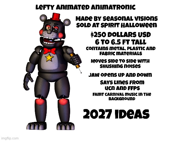 My lefty animatronic for 2027. Why because the spirit 2026 lineup got revealed already | image tagged in lefty,fnaf,spirit halloween,2027,animatronic,ffps | made w/ Imgflip meme maker