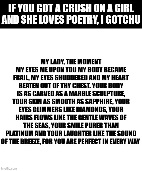 try it, don't ask me where i got it from tho | if you got a crush on a girl and she loves poetry, i gotchu; my lady, the moment my eyes me upon you my body became frail, my eyes shuddered and my heart beaten out of thy chest. Your body is as carved as a marble sculpture, your skin as smooth as sapphire, your eyes glimmers like diamonds, your hairs flows like the gentle waves of the seas, your smile purer than platinum and your laughter like the sound of the breeze, for you are perfect in every way | image tagged in rizz | made w/ Imgflip meme maker