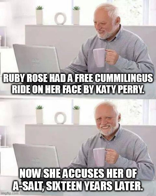 That's how evil, money grabbing gold-diggers work, they accuse a successful artist years later to get the payout! | Ruby rose had a free cummilingus ride on her face by katy perry. now she accuses her of a-salt, sixteen years later. | image tagged in memes,hide the pain harold,ruby rose,katy perry,funny,funny memes | made w/ Imgflip meme maker