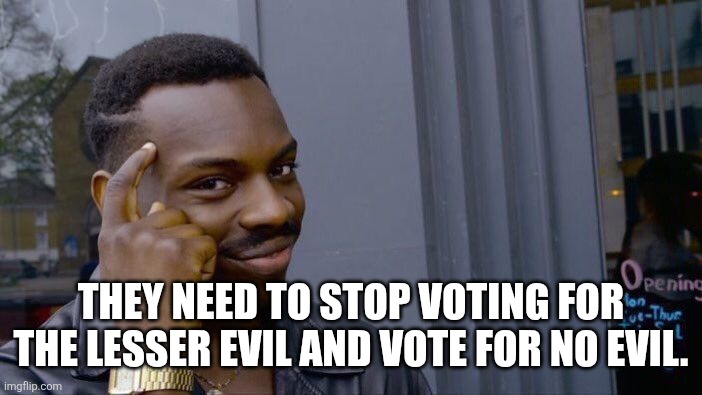 They need to stop voting for the lesser evil and vote for no evil. | image tagged in memes,roll safe think about it | made w/ Imgflip meme maker
