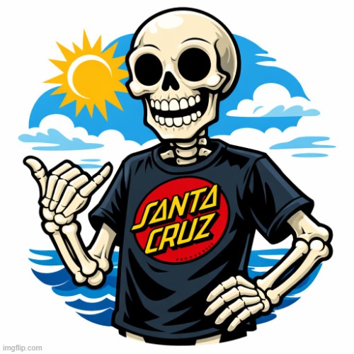 skeleton that has a Santa Cruz t-shirt on | image tagged in skeleton that has a santa cruz t-shirt on | made w/ Imgflip meme maker