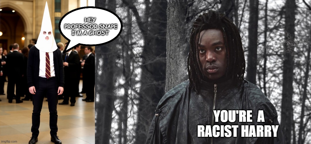 It's a joke a meme  please anyone don't take this seriously ! | Hey  professor Snape i'm a ghost; you're  a racist harry | image tagged in output_1l63i7 png,ghost,jokes | made w/ Imgflip meme maker