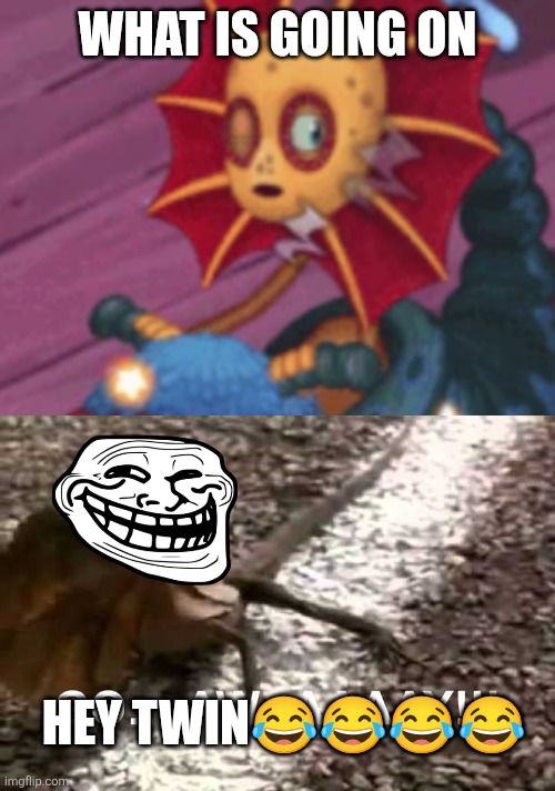 Ruined an unruined fill in meme | What is going on; Hey twin😂😂😂😂 | image tagged in frilled-neck lizard tells who to go away | made w/ Imgflip meme maker