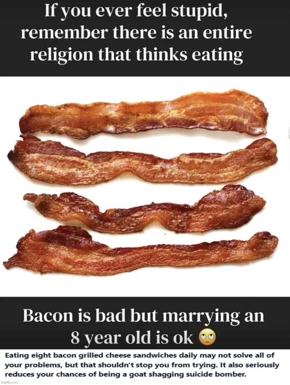 Eating eight bacon grilled cheese sandwiches daily may not solve all of your problems, but that shouldn't stop you from trying. | image tagged in i love bacon,bacon meme,bacon meme week,muslims,pedophiles,islam | made w/ Imgflip meme maker