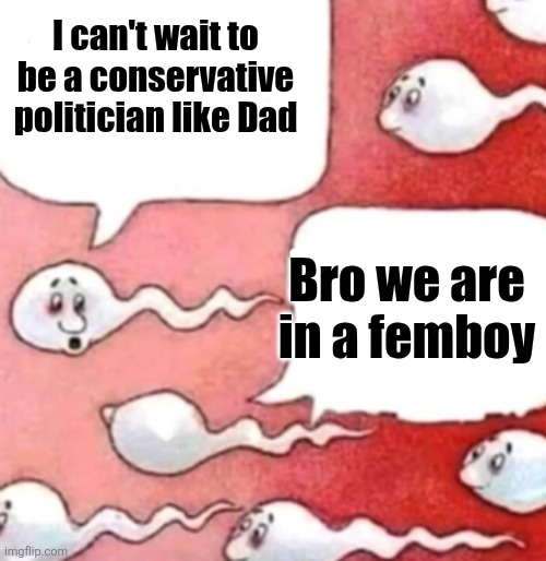 Sperm conversation | I can't wait to be a conservative  politician like Dad; Bro we are in a femboy | image tagged in sperm conversation | made w/ Imgflip meme maker