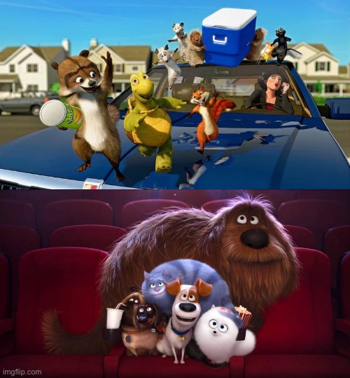 Max, Duke and Their Friends watching Over The Hedge (2006) | image tagged in the pets watching blank at cinema,dreamworks,over the hedge,the secret life of pets,illumination,memes | made w/ Imgflip meme maker