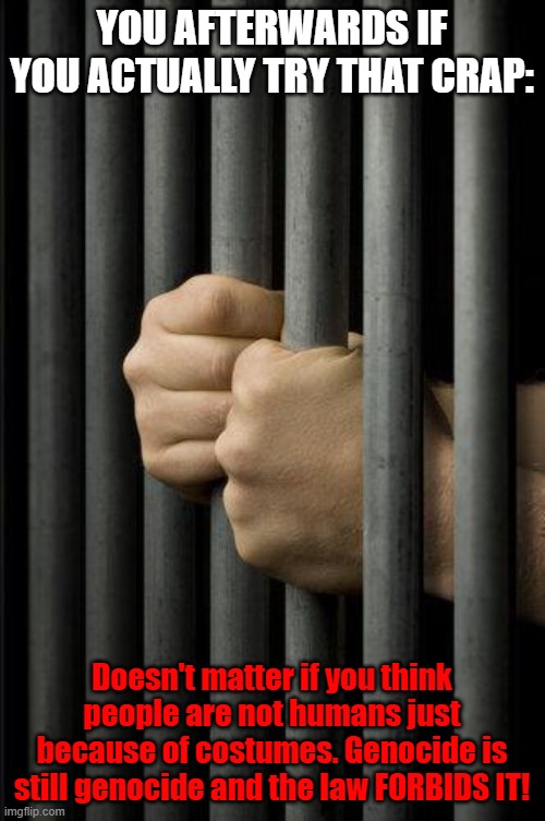 Jail | You afterwards if you actually try that crap: Doesn't matter if you think people are not humans just because of costumes. Genocide is still  | image tagged in jail | made w/ Imgflip meme maker