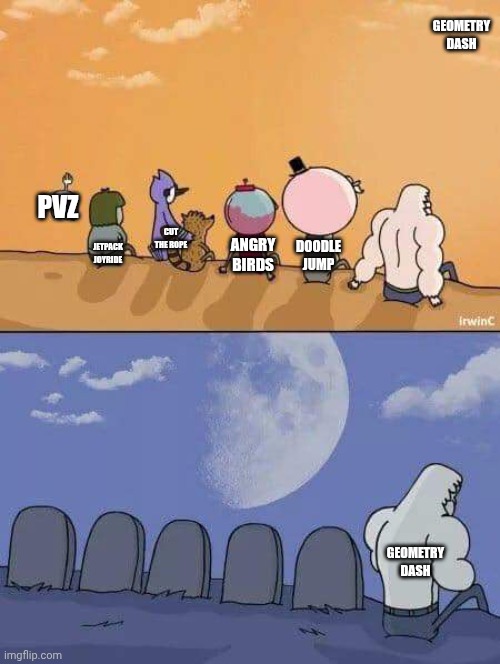 i made This meme in my phone | geometry dash; PVZ; cut the rope; Doodle jump; jetpack joyride; angry birds; geometry dash | image tagged in regular show graves,memes,sad | made w/ Imgflip meme maker