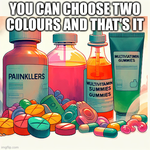 You can choose two colours and that's it | image tagged in visual smooth animation showing 4 main products painkiller ta | made w/ Imgflip meme maker