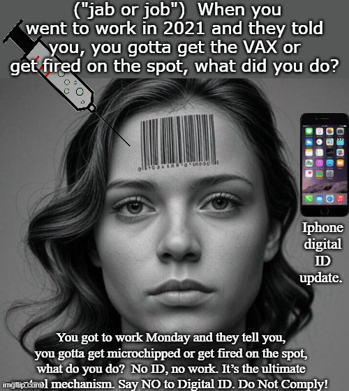 When freedom is monitored it's no longer freedom! No Diginal ID no IMGFLIP | ("jab or job")  When you went to work in 2021 and they told you, you gotta get the VAX or get fired on the spot, what did you do? Iphone digital ID update. You got to work Monday and they tell you, you gotta get microchipped or get fired on the spot, what do you do?  No ID, no work. It’s the ultimate control mechanism. Say NO to Digital ID. Do Not Comply! | image tagged in digital id,surveillance,freedom of speech,government corruption,fear,obey | made w/ Imgflip meme maker